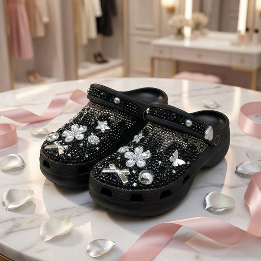 ShineWalks™ Cross Bloom Noir Crystal Clogs – Midnight Black
