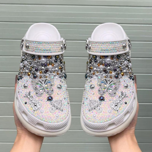 ShineWalks™ Cloud Bloom Crystal Clogs – Pearl White